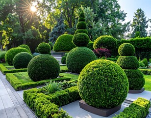 Lush, meticulously manicured garden with various green topiary