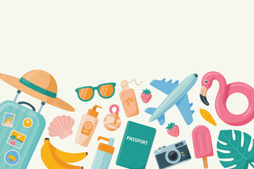 Vector illustration of summer vacation travel essentials including a suitcase, hat, sunglasses, passport, camera, and inflatable flamingo