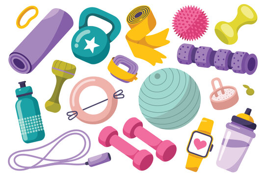 Vector illustration of collection of fitness and workout equipment including yoga mat, dumbbells, kettlebell, jump rope, and exercise ball - Powered by Adobe