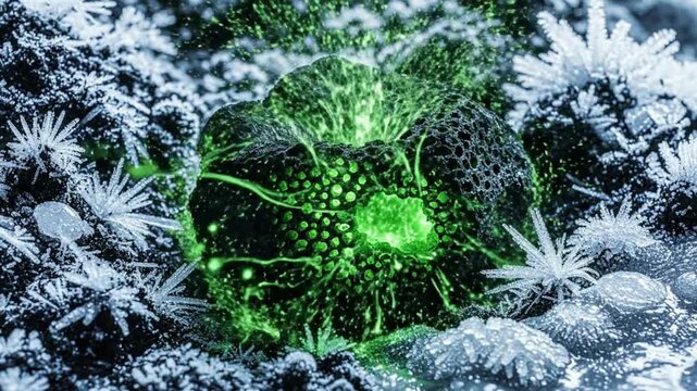 Glowing Green Energy Emanating from Dark Rock in Frosty Environment
