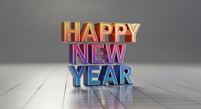 Shiny metallic 3d letters stacked spelling happy new year with colorful gradient shine
