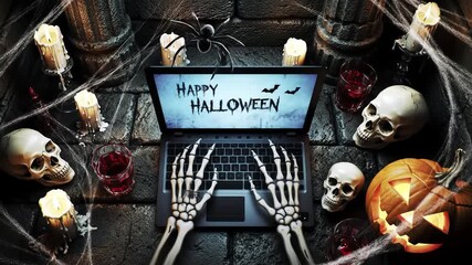 Spooky Halloween scene with skeleton hands typing on a laptop displaying Happy Halloween surrounded by skulls spiders cobwebs and flickering candles creating a creepy and festive atmosphere for onlin. - Powered by Adobe
