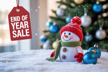 End of year sale christmas tree snowman holiday season winter snow ornaments festive celebration decor