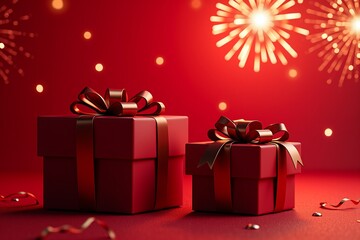 Red gift boxes with gold bows, fireworks burst behind, festive scene on glowing red background.