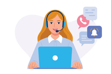 Vector illustration of friendly female customer support agent with headset and laptop, actively engaging in communication and providing assistance