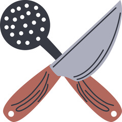 Crossed Kitchen Utensils A Brown Handled Chef Knife And A Black Skimmer With White Dots On A Transparent Background