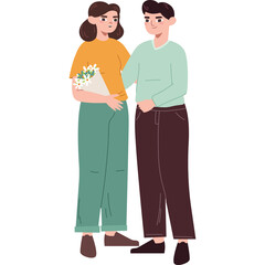Couple With Flowers Holding Each Other A Man And A Woman In Casual Clothes With A Bouquet Of White Flowers Standing Together On A White Background