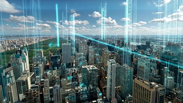 Aerial view of a futuristic city skyline with digital holograms, showcasing urban life and technology - Powered by Adobe