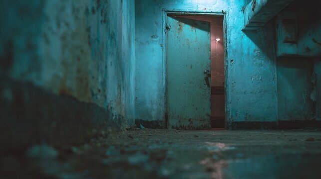A dimly lit corridor leading to an open doorway with an orange glow