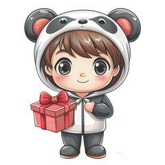 cute chibi boy wearing a green dinosaur onesie costume holding a gift box clipart white background 