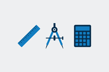 Obraz premium Set of mathematics icons including ruler compass and calculator flat vector design for education and finance isolated on white background