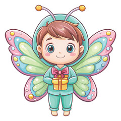 cute chibi boy wearing a green dinosaur onesie costume holding a gift box clipart white background 