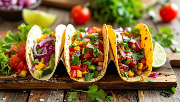 Delicious Tacos Gourmet Mexican Food on Rustic Wooden Board with Fresh Ingredients.