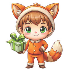 cute chibi boy wearing a green dinosaur onesie costume holding a gift box clipart white background 