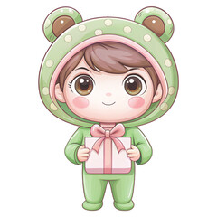 cute chibi boy wearing a green dinosaur onesie costume holding a gift box clipart white background 