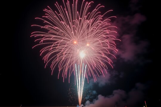 Night sky bursts with radiant pink fireworks, illuminating darkness below. Palm fronds frame the dazzling spectacle above.