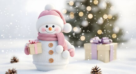 Adorable snowman holding a gift in a snowy winter wonderland with christmas tree