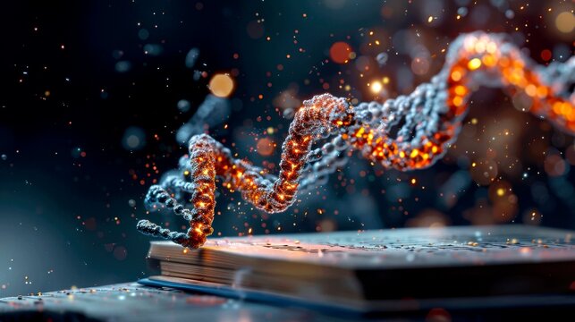 An abstract composition where elegant, calligraphic mathematical formulas, like those from quantum physics, are not written on paper but are formed by shimmering strands of DNA double helixes. - Powered by Adobe