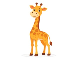 Obraz premium Cartoon giraffe with brown spots stands tall on a white surface, smiling. It's a cheerful, friendly, and vibrant illustration