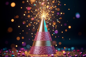 Colorful party hat surrounded by glittering confetti, vibrant lights against dark background. Celebratory atmosphere captured in vivid detail.