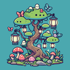 A small garden of a bonsai tree with tiny lanterns and mysterious creatures peeking out, mushrooms, and butterflies (7).eps