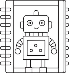 Cute robot cartoon outline illustration for kids coloring book, fun educational technology themed design art