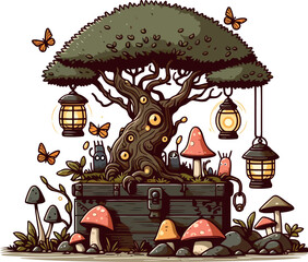 Enchanted Forest Box with Whimsical Mushrooms and Lanterns