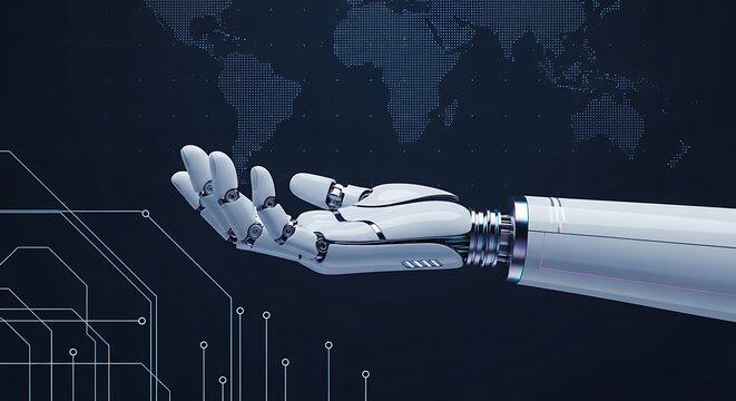 Artificial intelligence robotic hand reaching out with technology background design - Powered by Adobe