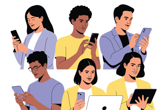 Vector illustration of collection of diverse individuals engaged with their mobile devices, showcasing modern digital interaction