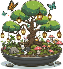Whimsical Bonsai Garden with Lanterns and Forest Friends