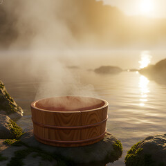 山の天然温泉の池のほとりの木製トレイ