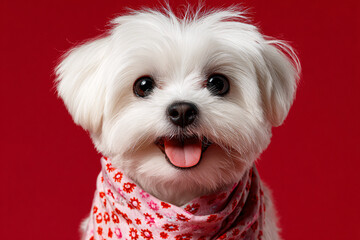 Cute Christmas Maltese Portrait on Solid Background