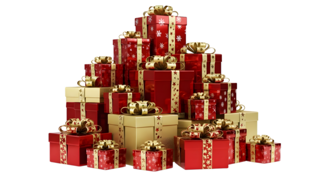 Stack of christmas gifts isolated on transparent background