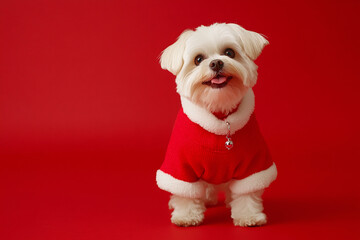 Cute Christmas Maltese Portrait on Solid Background