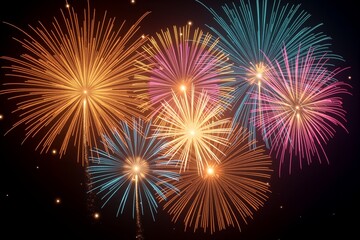 Vibrant fireworks burst in golden, pink, and blue hues against a dark night sky. Celebratory light display radiates joy and festivity.