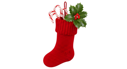 Red christmas stocking filled with candy canes and holly isolated on transparent background