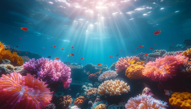 A vibrant coral reef filled with tropical fish, sea anemones, and colorful corals glowing under clear blue water. Sunlight rays streaming through the surface, creating a magical ocean atmosphere. - Powered by Adobe