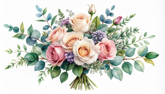 Artistic bouquet of roses, lilies, and eucalyptus paired with graceful calligraphy text on a white background. Romantic yet professional — perfect for invitations or fashion branding.