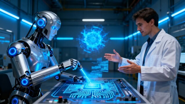 Human-robot teamwork in futuristic environment with glowing blue accents - Powered by Adobe