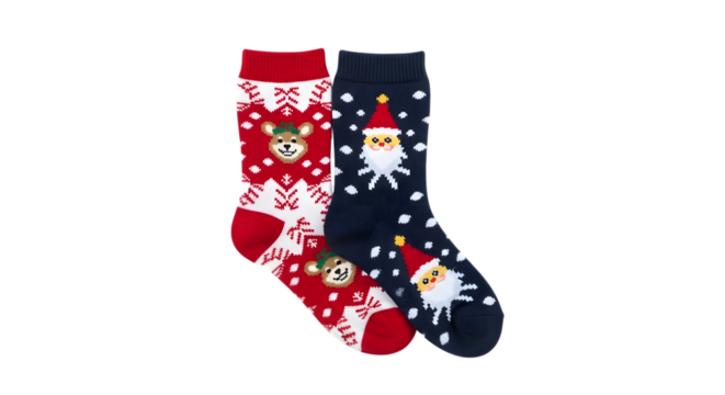 Christmas socks with santa claus and reindeer isolated on transparent background