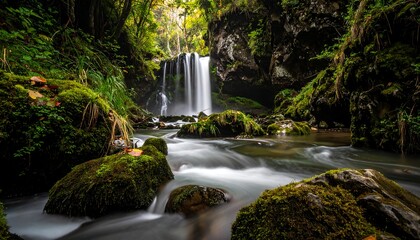 A scenic waterfall cascading through a lush green forest