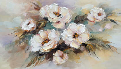 Soft abstract painting of flowers blending cream, blush, and earthy hues. Dreamy, painterly style conveying calmness and refinement — great for home decor or print art.