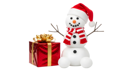 Inflatable snowman with gift isolated on transparent background
