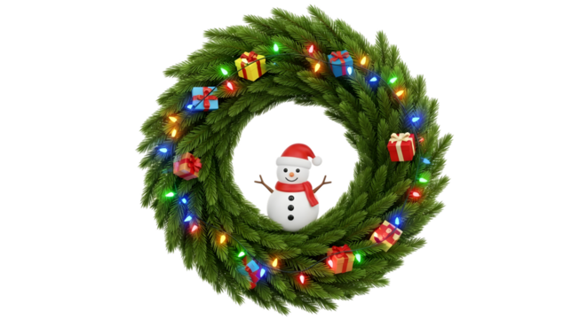 Christmas wreath with snowman and gifts isolated on transparent background