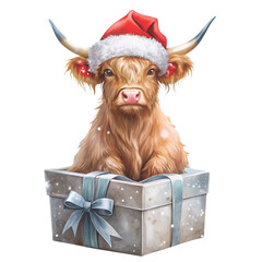 cute highland cow sitting on a big wrapped Christmas gift box clipart white background 