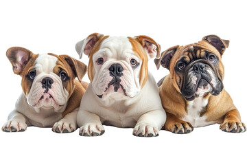 A family of Bulldogs, isolate on white background, showcasing their joyful interactions and fluffy appearances. PNG