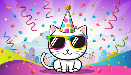 Adorable cat wearing colorful sunglasses and a polka-dotted party hat, surrounded by confetti and streamers. Bright pastel tones, panoramic composition perfect for happy anniversary banners 