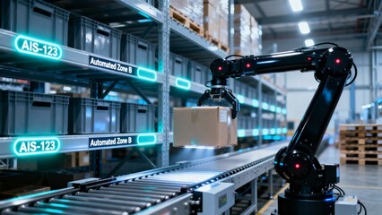 Warehouse shelves organized by AI robotic systems with glowing markers