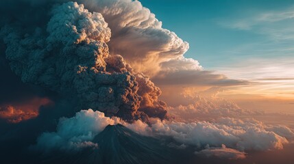 A dramatic landscape featuring a volcanic eruption with billowing ash clouds at sunset