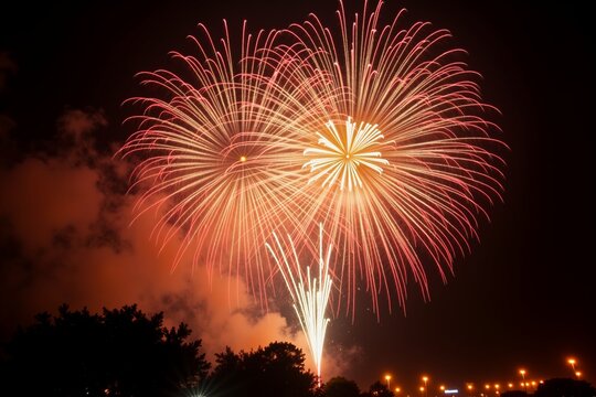 Night sky bursts with golden and pink fireworks, silhouetted trees below. festive celebration lights illuminate the horizon.